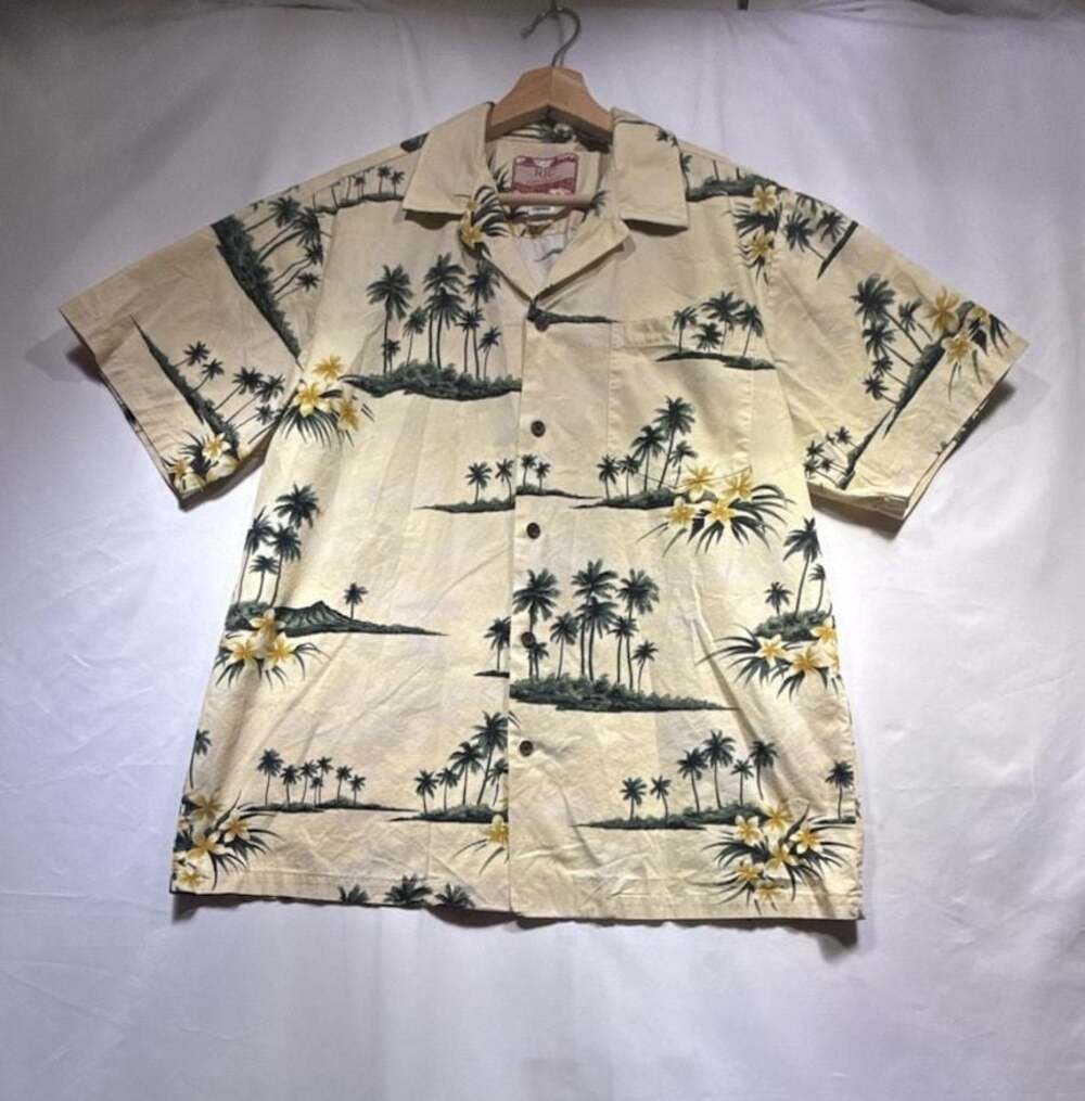 RJC Made in Hawaii Men's Palm Tree and Plumeria Print Cotton Hawaiian Shirt Styl